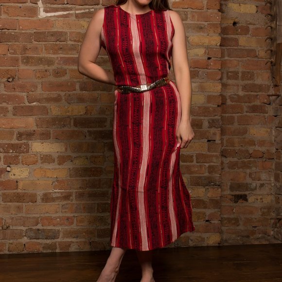 Vintage Dresses & Skirts - Vintage Red Vertical Stripe Pattern Dress
